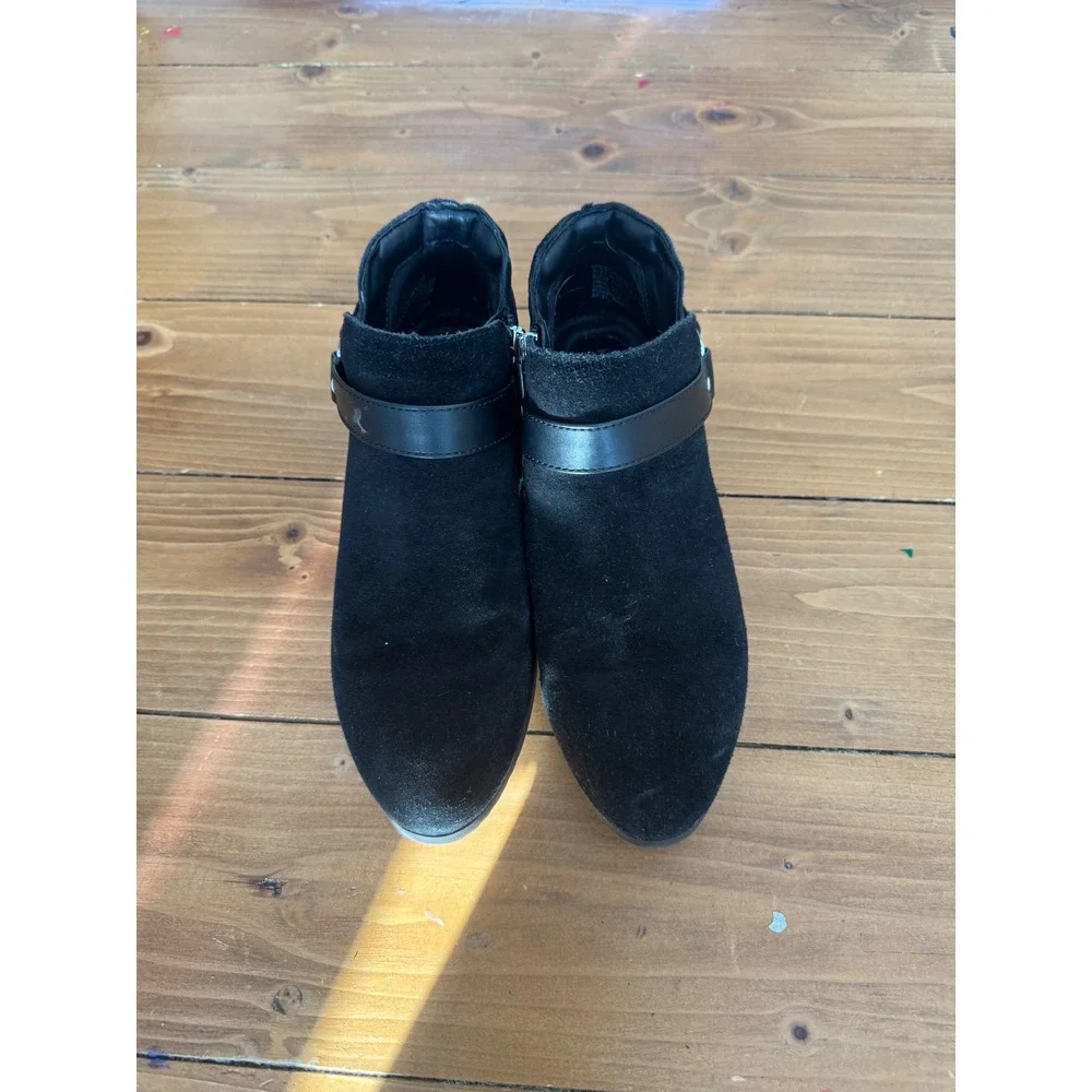 Black Suede Harness Ankle Boots‎ Pointed Toe Block Heel Side Zip Booties